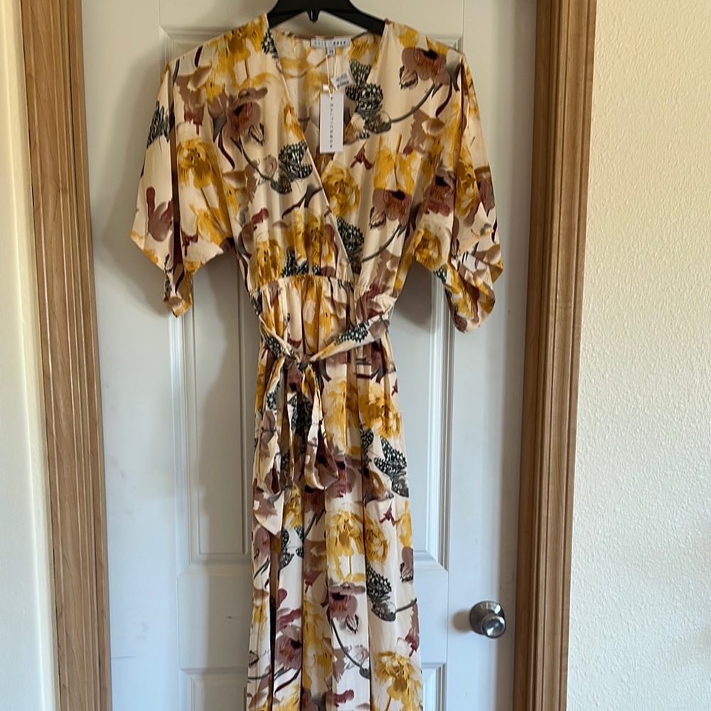 Baltic Born Gold and Brown Flutter Sleeve Maxi Dress